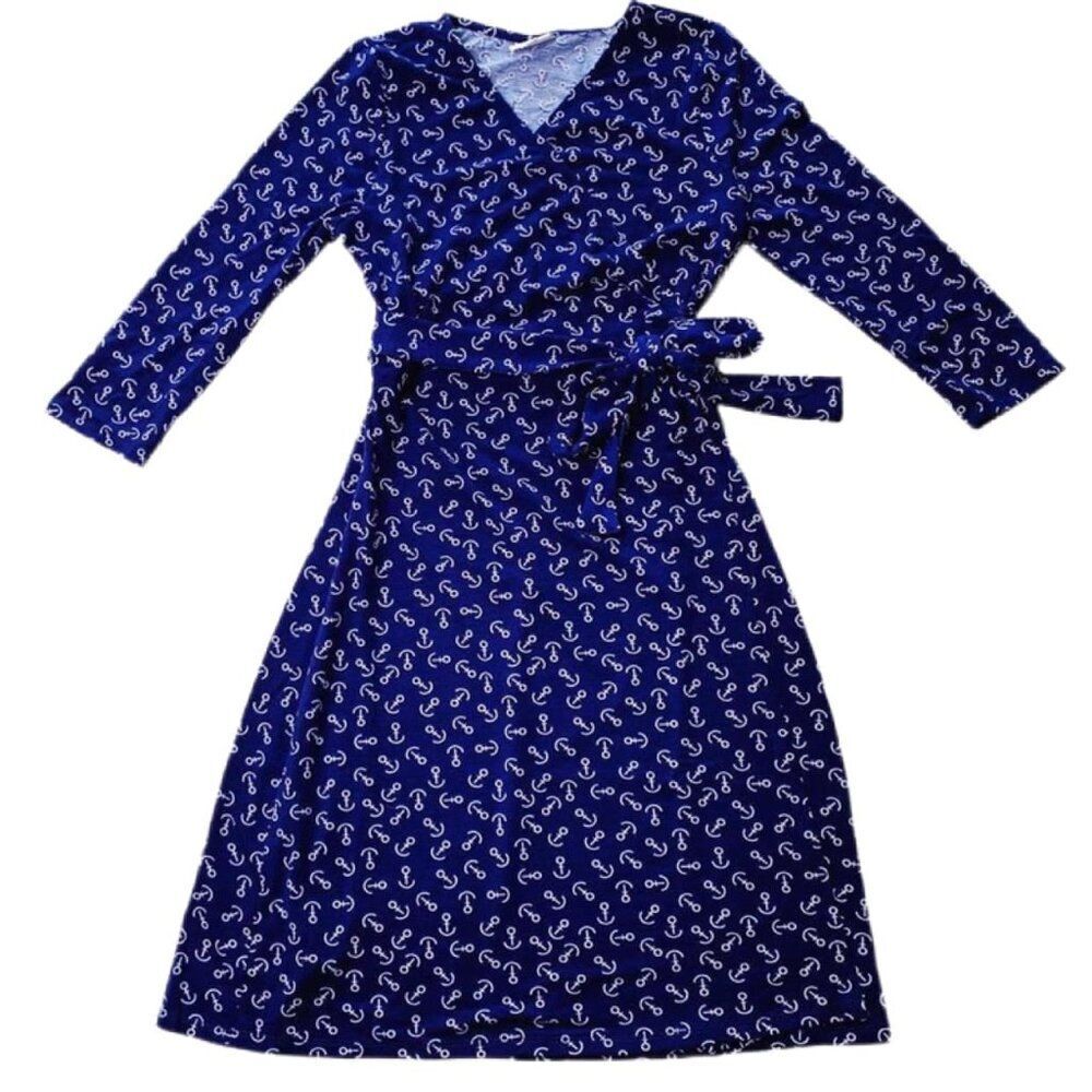 NEW Lularoe L Michelle‎ Wrap Dress Blue Nautical Anchors White 3/4 Sleeve Flowy